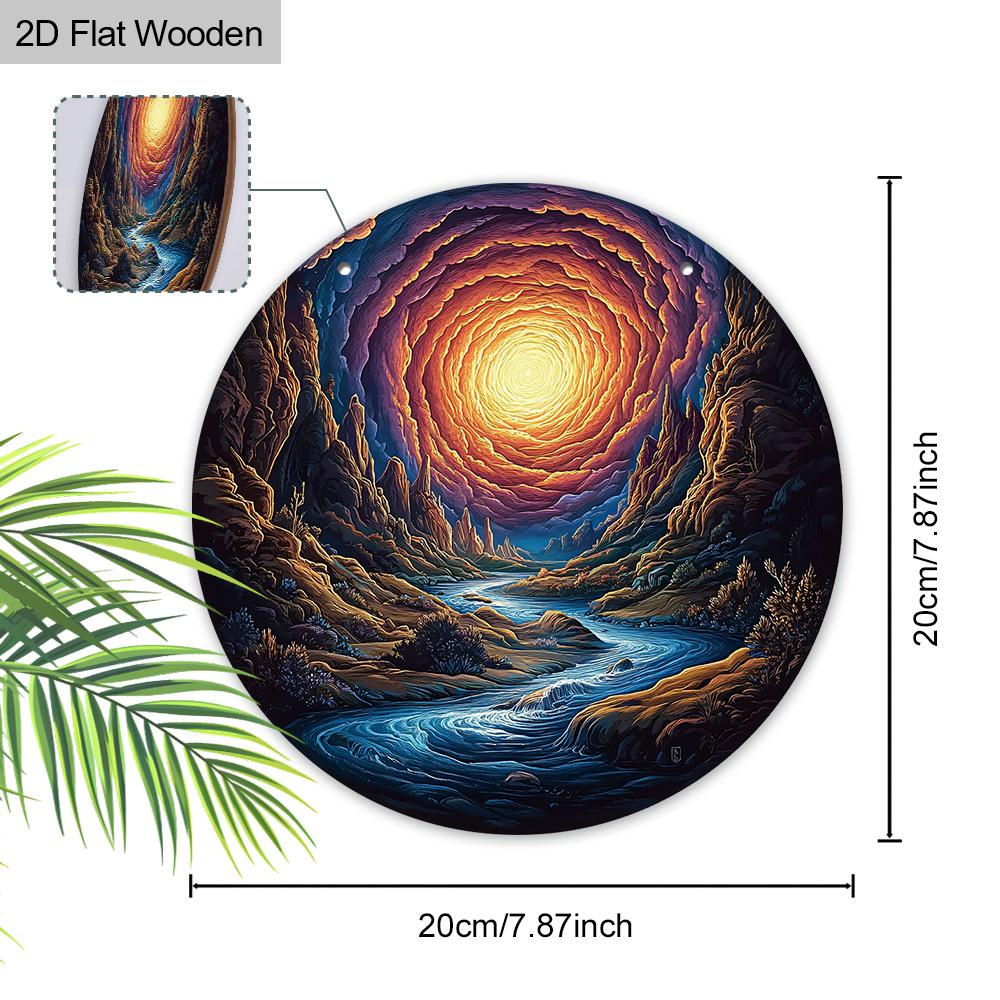 Swirl Sky Canyon River Landscape Round Wooden Hanging Sign, 2D Flat Printed Nature Wall Door Ornament, Scenery Home Decor Gift