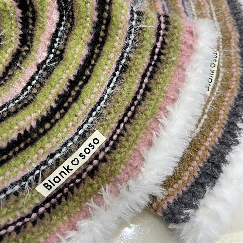 College Style Colored Stripes Contrasting Colors Knitted Bucket Hat Women Autumn and Winter Warm Ear Protection Plush Edge Basin Hat