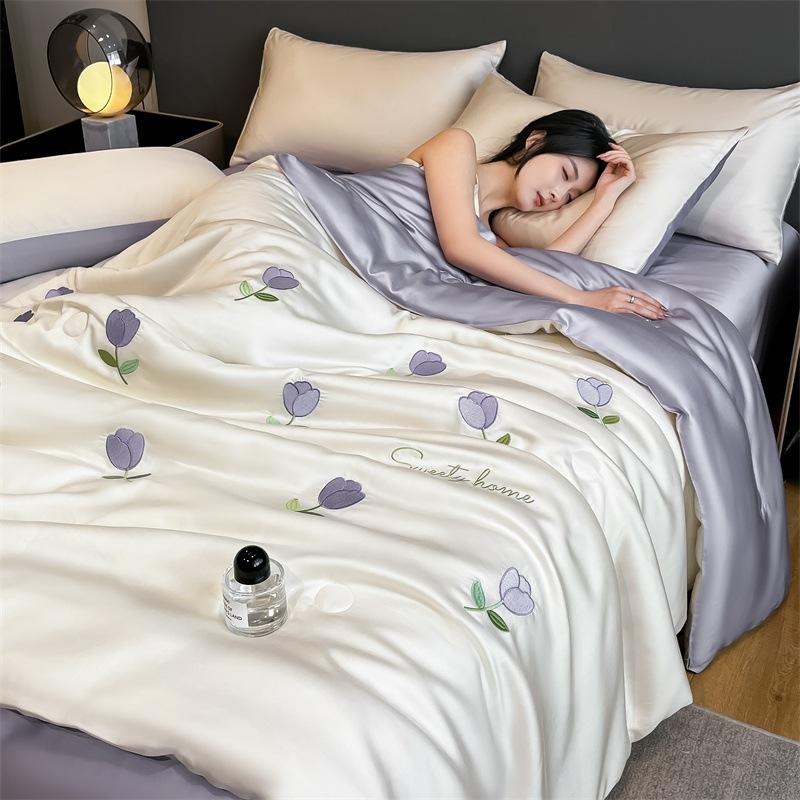 Cool Summer Ice Silk Summer Quilt Single Piece Flower Summer Cool Quilt Single Dormitory Air Conditioner Machine Washable