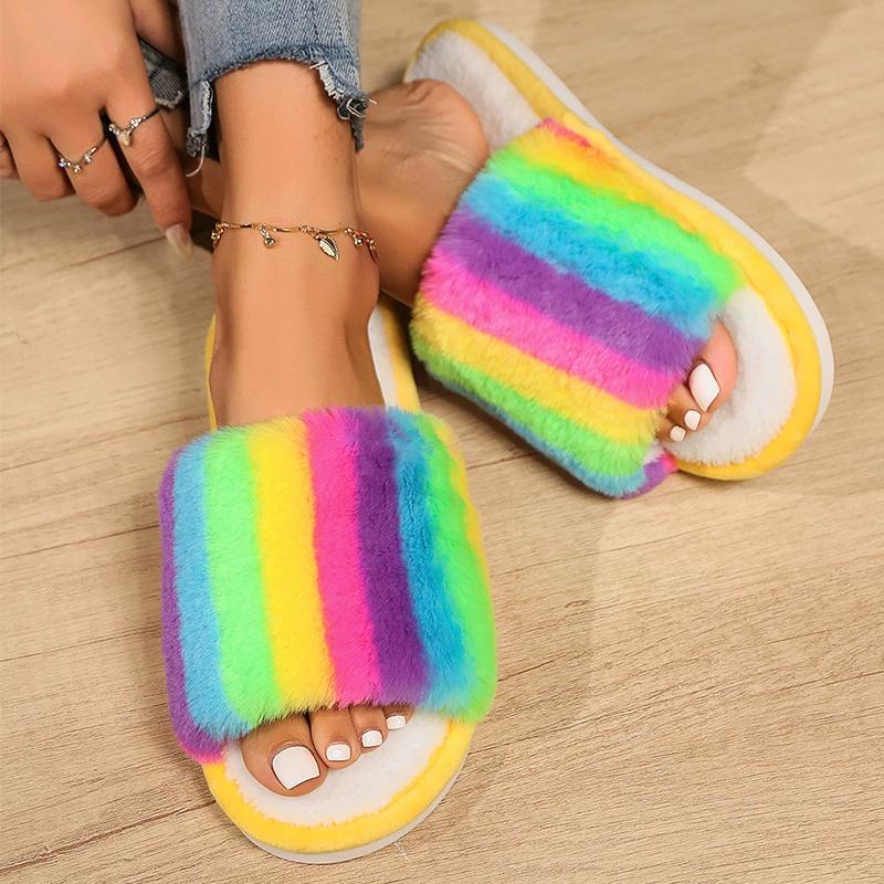 Fashion Mix Color Plush Home Slippers for Women 2025 Winter Open Toe Anti Slip Cotton Slippers Woman Indoor Flat Heel Plush Slides Lady