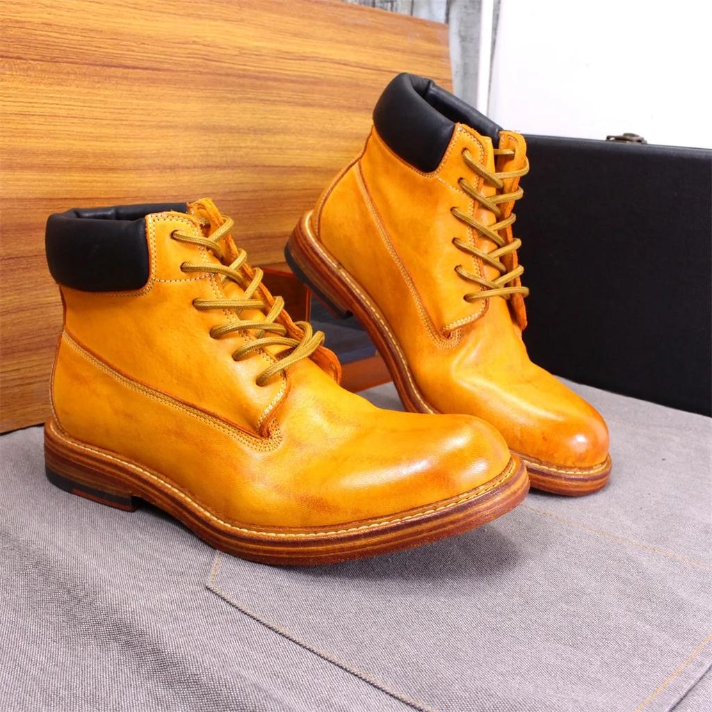 Fashion Men's British Style Ankle Boots Soft Handmade Genuine Leather Sole Windproof Comfortable Lace-up Winter Motorcycle Shoes