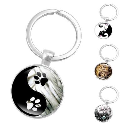 Twinkle Trinket Creative Yin Yang Tai Chi Glass Cabochon Pendant Keychain Key Ring Holder Gift