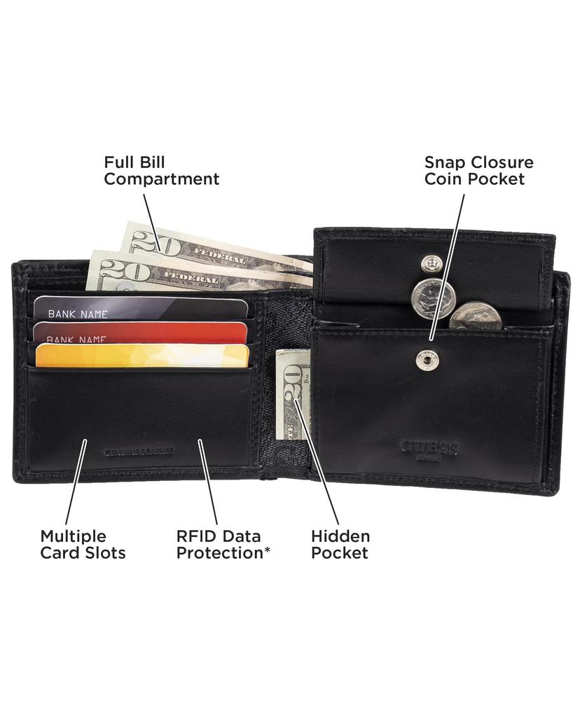 GUESS Leather Slim One Size Men's Bi-Fold Wallet, Charcoal/Black,