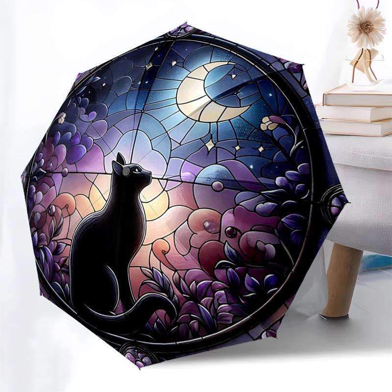 1pc Stained Glass Cat Moon Outdoor Umbrella - Automatic Opening Folding Design, 8-Bone Iron Frame, Festival Gift for Fans, Travelers, Daily Use.KK059