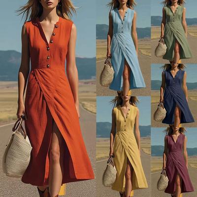 Spring Summer Women's Solid Color V-neck Button Split Simple Midi Dress Casual Commute Long Dress