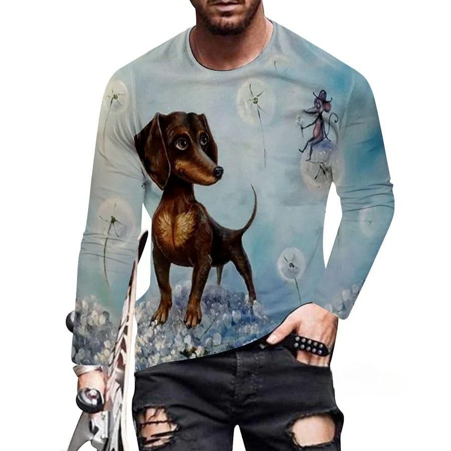 Spring and Autumn Round Neck 3D Dachshund Printed Top Fashionable Casual Long Sleeved Men's T-shirts