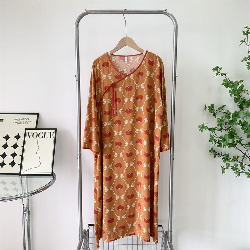 

Women s Cotton Silk New Chinese Style Long Dress Summer Spring and Autumn Summer Pajamas Home Wear Cotton Silk Plus Size Dress Orange All yards