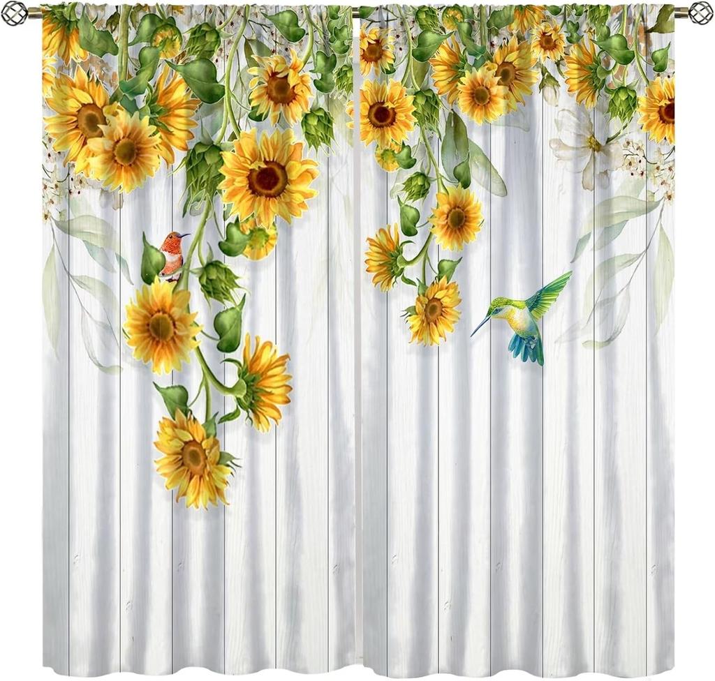 Sunflower Curtains for Kitchen,Black Pithy Rustic Sunshine Beautiful Wonderful Sunflower Plant Flower Butterfly Window Drapes