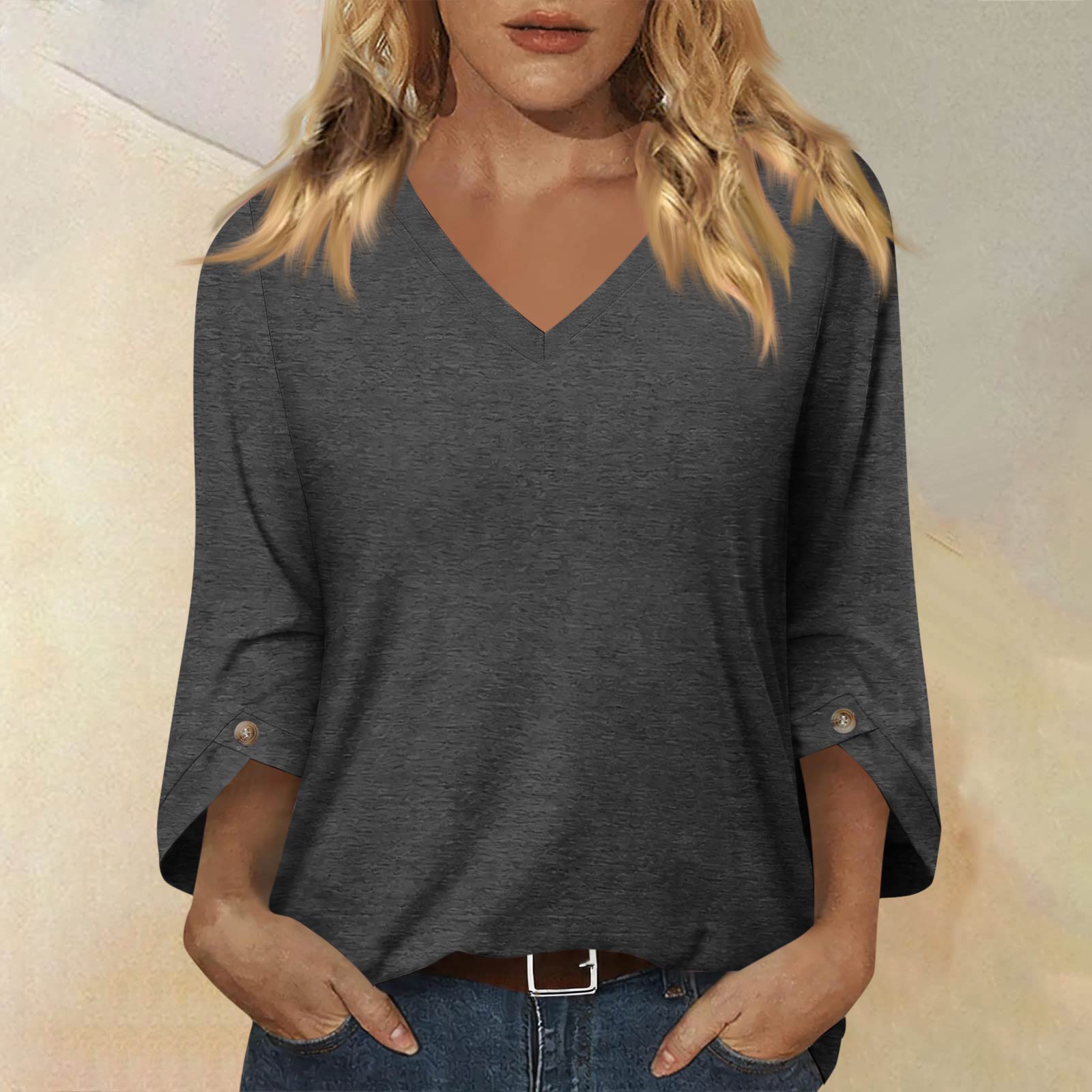 Women s Fashionable Casual Three Quarter Sleeve -Color Collar Pullover Top L