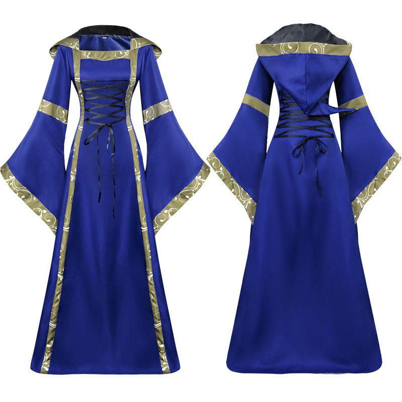 2020wish Foreign Trade European and American Medieval Retro Hood Dress Square Collar Lace-up Bell Sleeve Swing Skirt