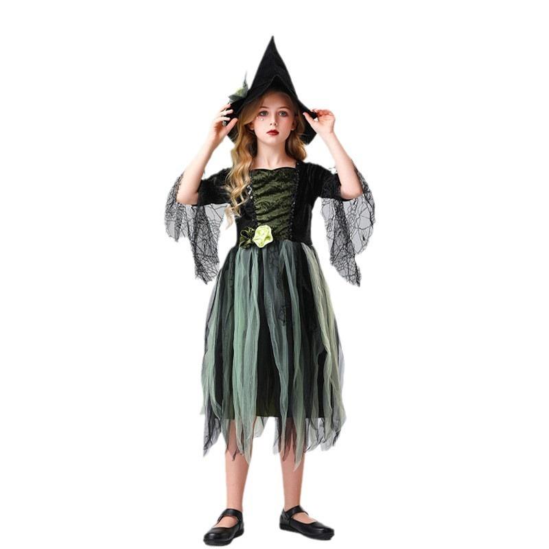 New Children's Witch Vampire Dress Mesh Dress Purple Green Dress with Hat Stage Performance Dress