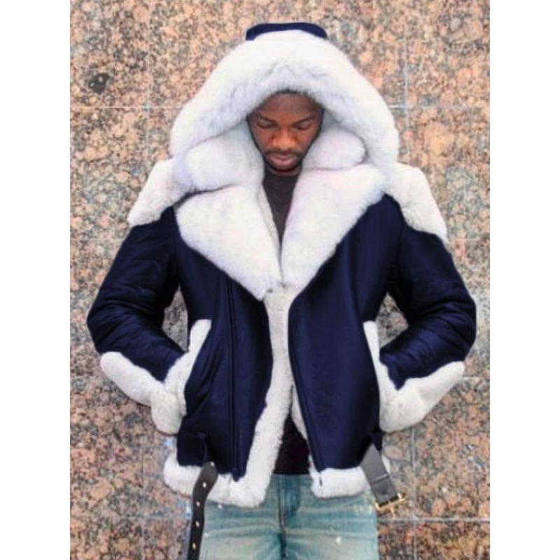 Men's Coat Pu Leather Contrasting White Hooded Fur One-piece Coat