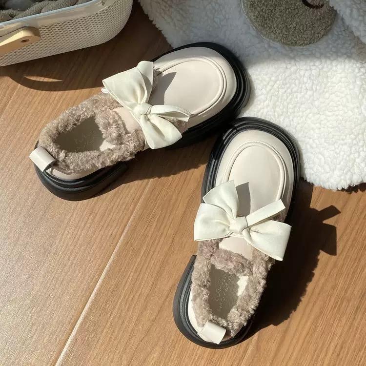 Fashion New Sweet Platform Shoes Women Warm Bow Vintage Kawaii Pumps Plush Ankle Boots for Women Female Casual Comfortable Boots