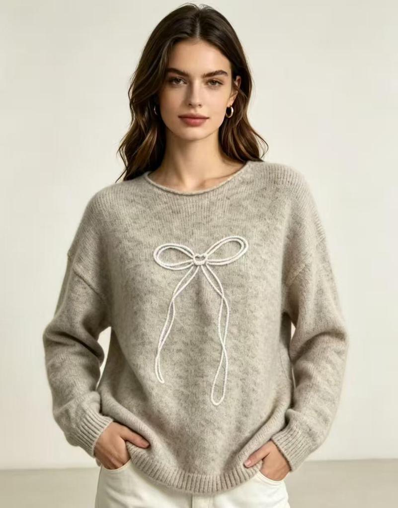 2026 European & American Autumn Fashion Casual Loose Bow Jacquard Knit Sweater – Round Neck Top
