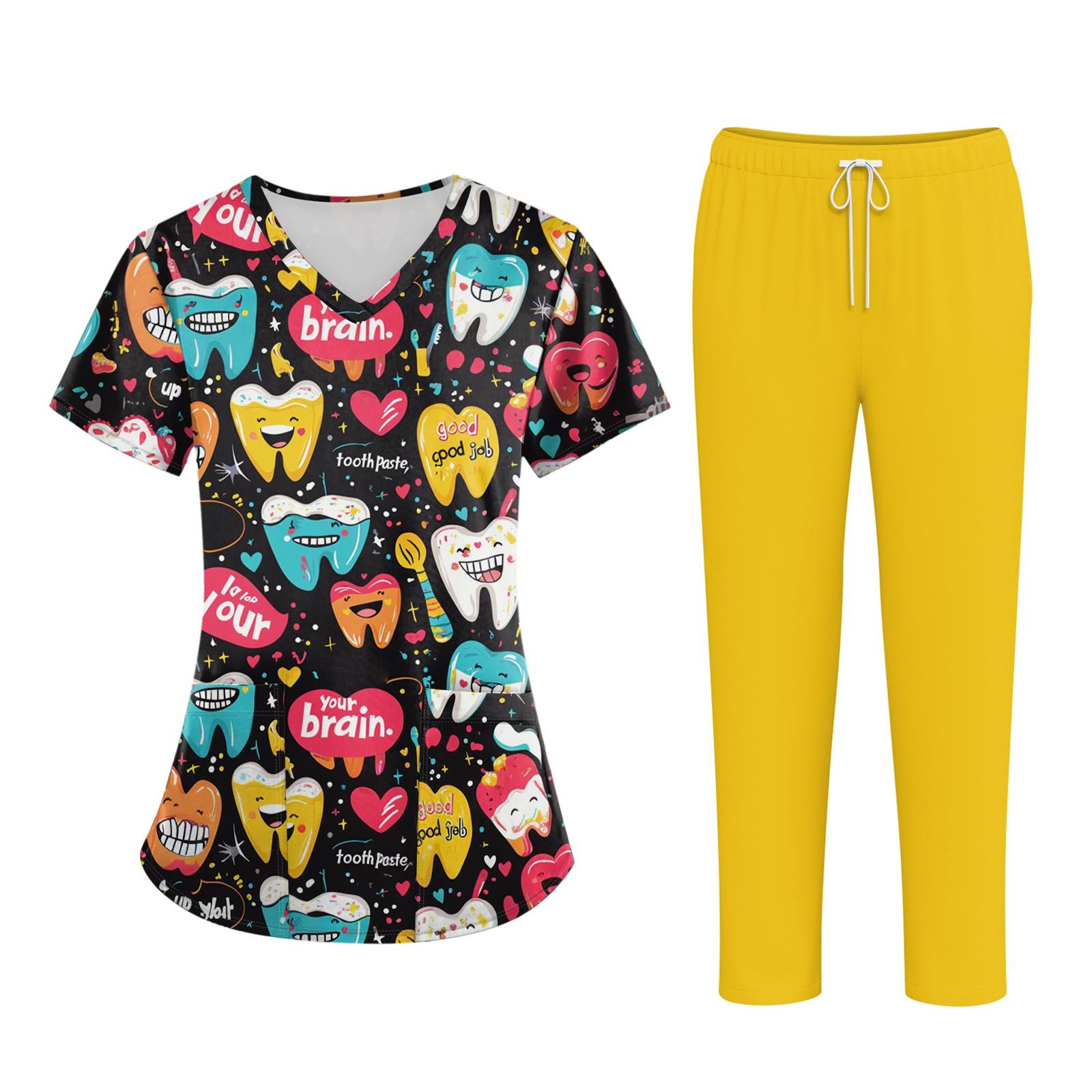 

Плюс размерСкраб с принтом Рабочая форма Топы для женщин Крест V-образным вырезом Хэллоуин Принт с короткими рукавами Забавные футболки Спецодежда Футболка с карманами M шафрановый