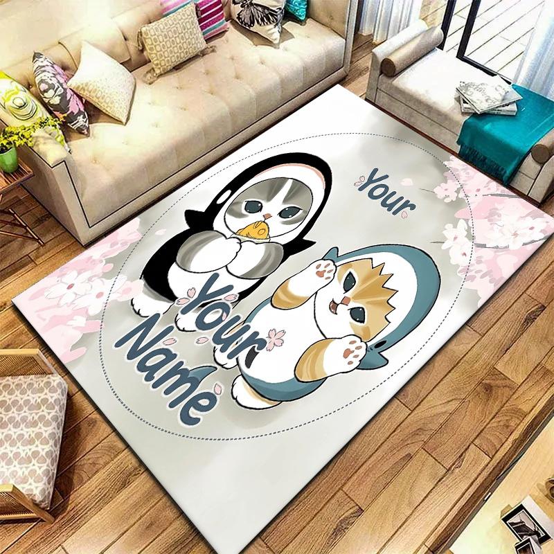 Penguin Cats Adventure Custom Name Carpet Rug For Living Room Bedroom Home Sofa Decoration Kids Play Nonslip Floor Mat