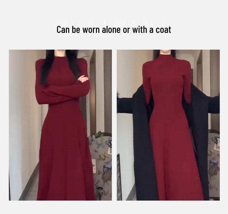 Women's Long Red Knit Dress with Coat Layer, Slim Fit, Pear Shape - Perfect for Autumn and Winter