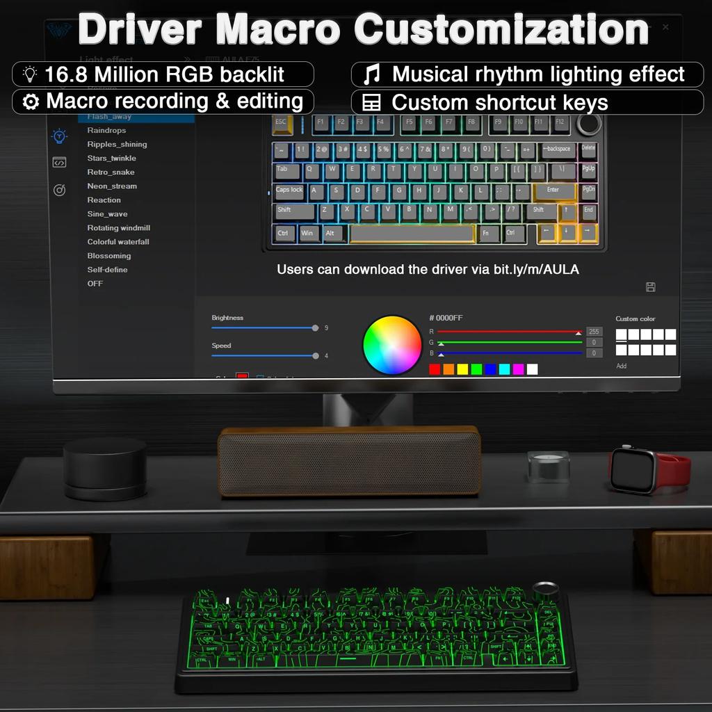 AULA F75 Wireless Gaming Mechanical Keyboard RGB Light 75% Layout Tri Modes Contour Side Carved PBT Keycap Keyboard