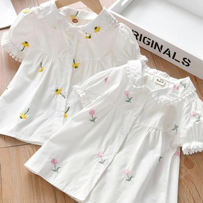2023 Summer Children's White Shirt Girls Flower Short-sleeved Shirt