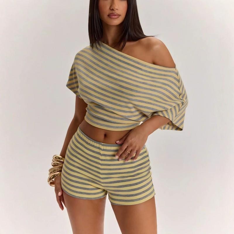 2026 Womens Striped Slim Fit Off-Shoulder Short Sleeve Top High-Waisted Shorts 2-Piece Casual Set