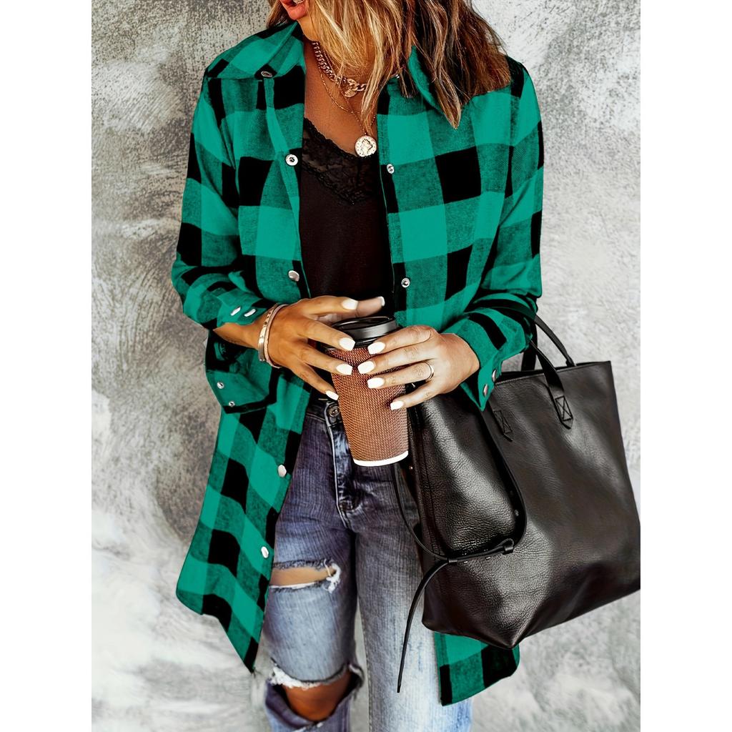 Fall Winter Vintage Plaid Long Sleeve Lapel Women's Loose Casual Shirt Jacket, Leisure Outerwear