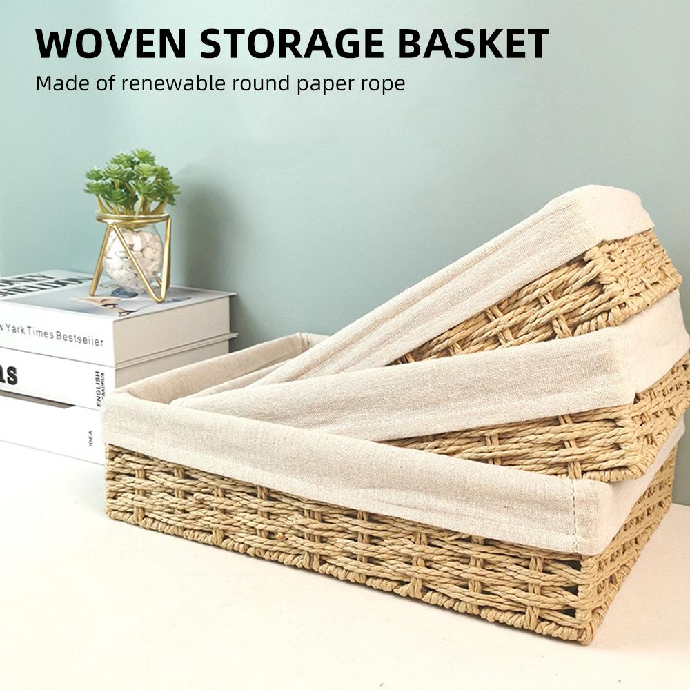3Pcs   Storage Basket Hand Woven Paper Rope Shelf Baskets Storage Bins Organization Nesting Baskets Beige