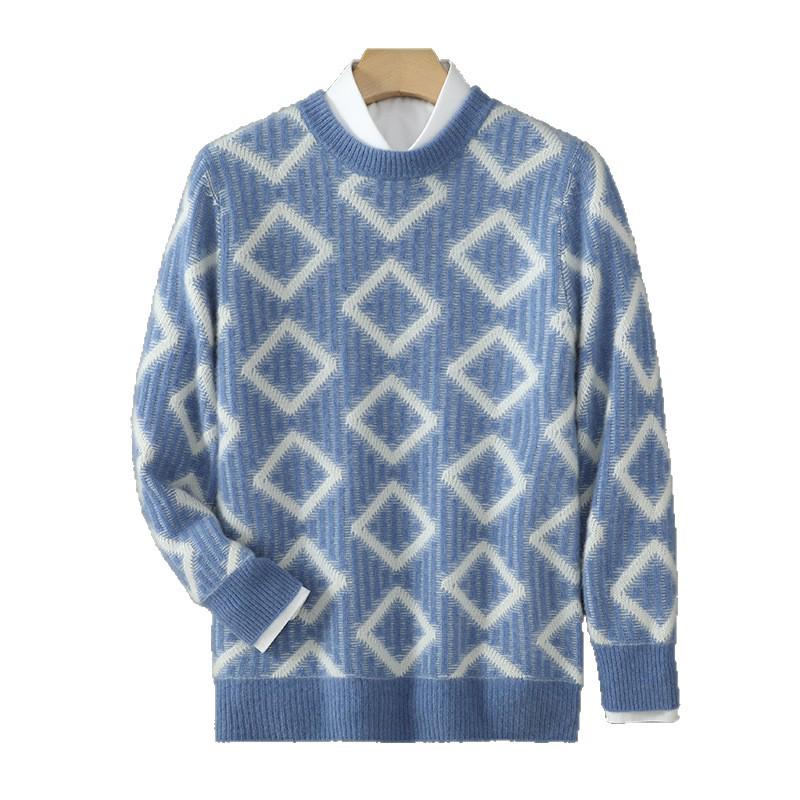 Men's Thick Wool Color Block Sweater - Casual Round Neck Knit Pullover for Autumn & Winter