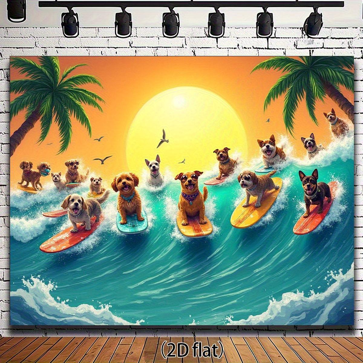 2D flat banner 1 piece. Beach surfing dog tropical sunset theme background featuring palm trees and waves - summer party 100x150cm