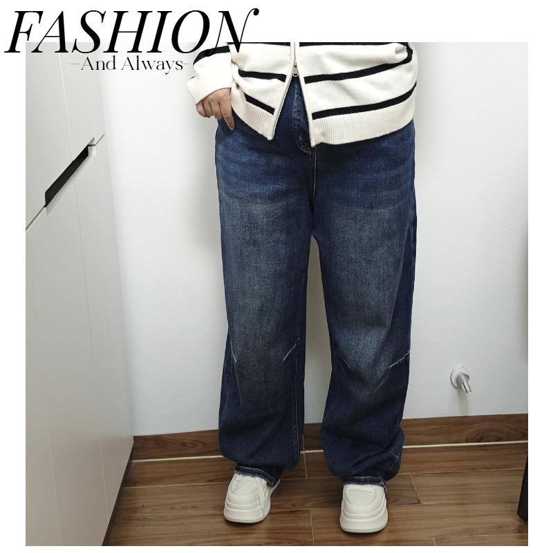 

2025 Women s High Waist Loose Wide-Leg Retro Scimitar Jeans, Plus Size Slimming Long Pants for Autumn 40 джинсовый синий
