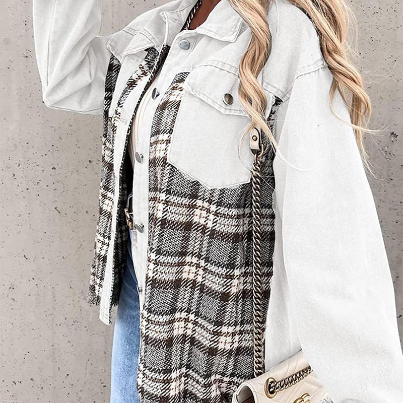 Denim Jacket Checkered Button Up Shirt Jacket Women's Patchwork Jacket Warm Comfortable Commuter Long Sleeved Shirt Autumn Winter