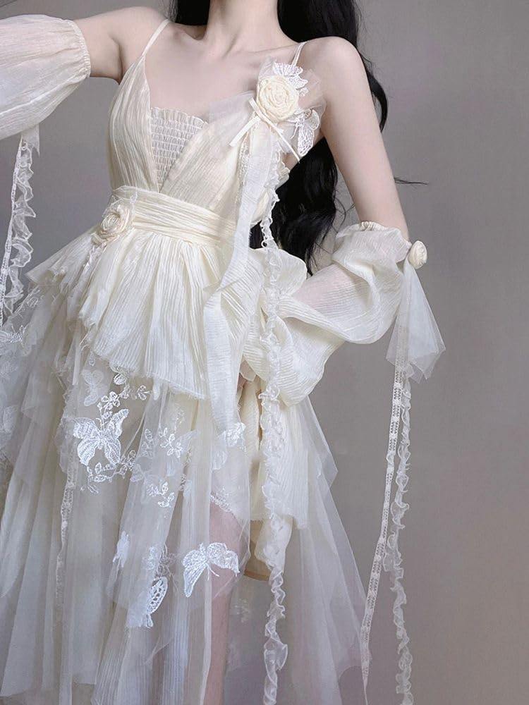 Lady Lazy Lolita with Arm Cream Dress, Sleeveless, Cosplay, White, Asymmetrical, Knee-Length, Covers,