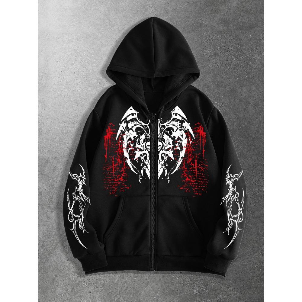 Y2K Dark Fashion Original Print Zippered Hoodie | Casual Street Style, Long Sleeve, Fiber, Regular Fit