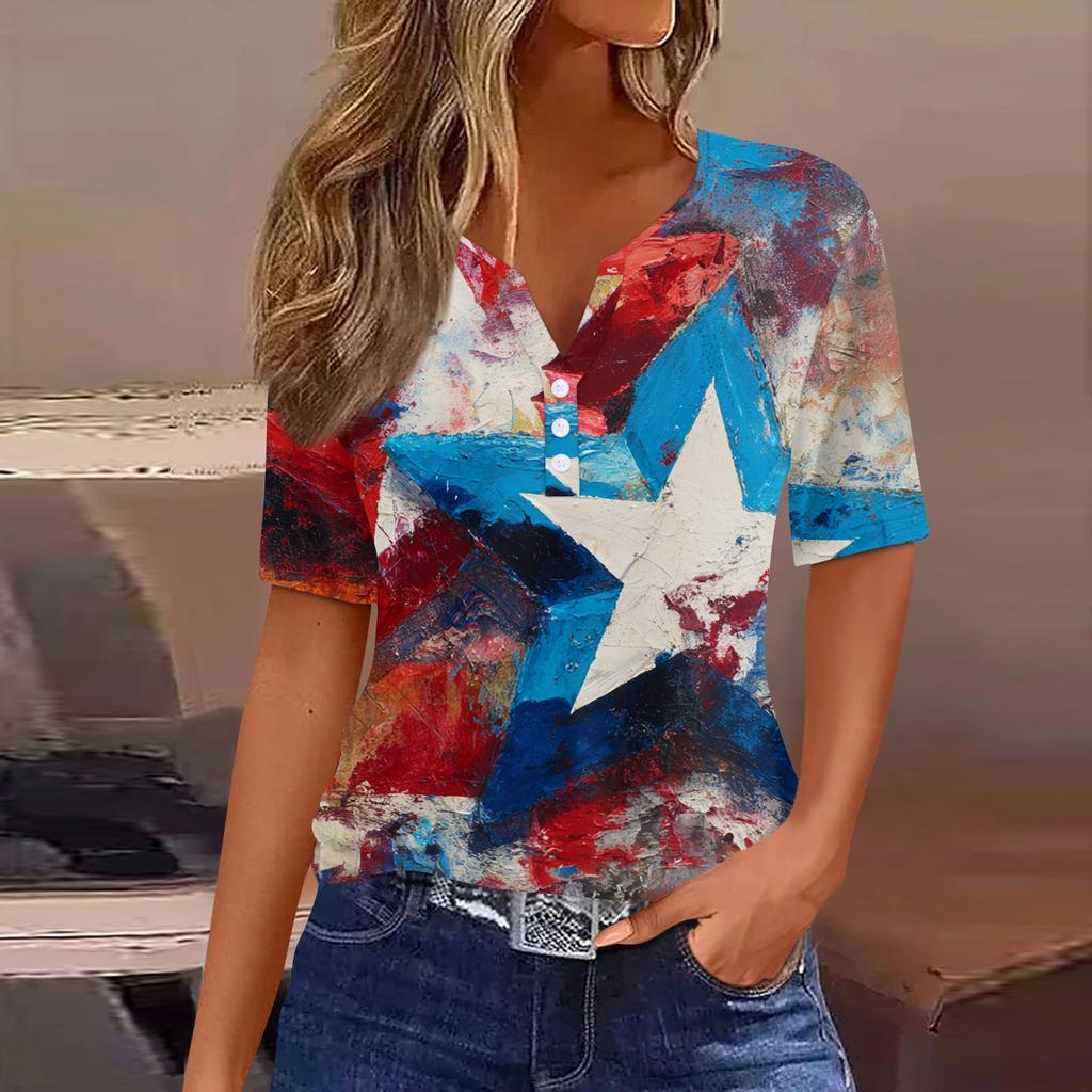 Women's T Shirt Independence Day Print Button Short Sleeve Daily Weekend Fashion Basic V- Neck Regular Top