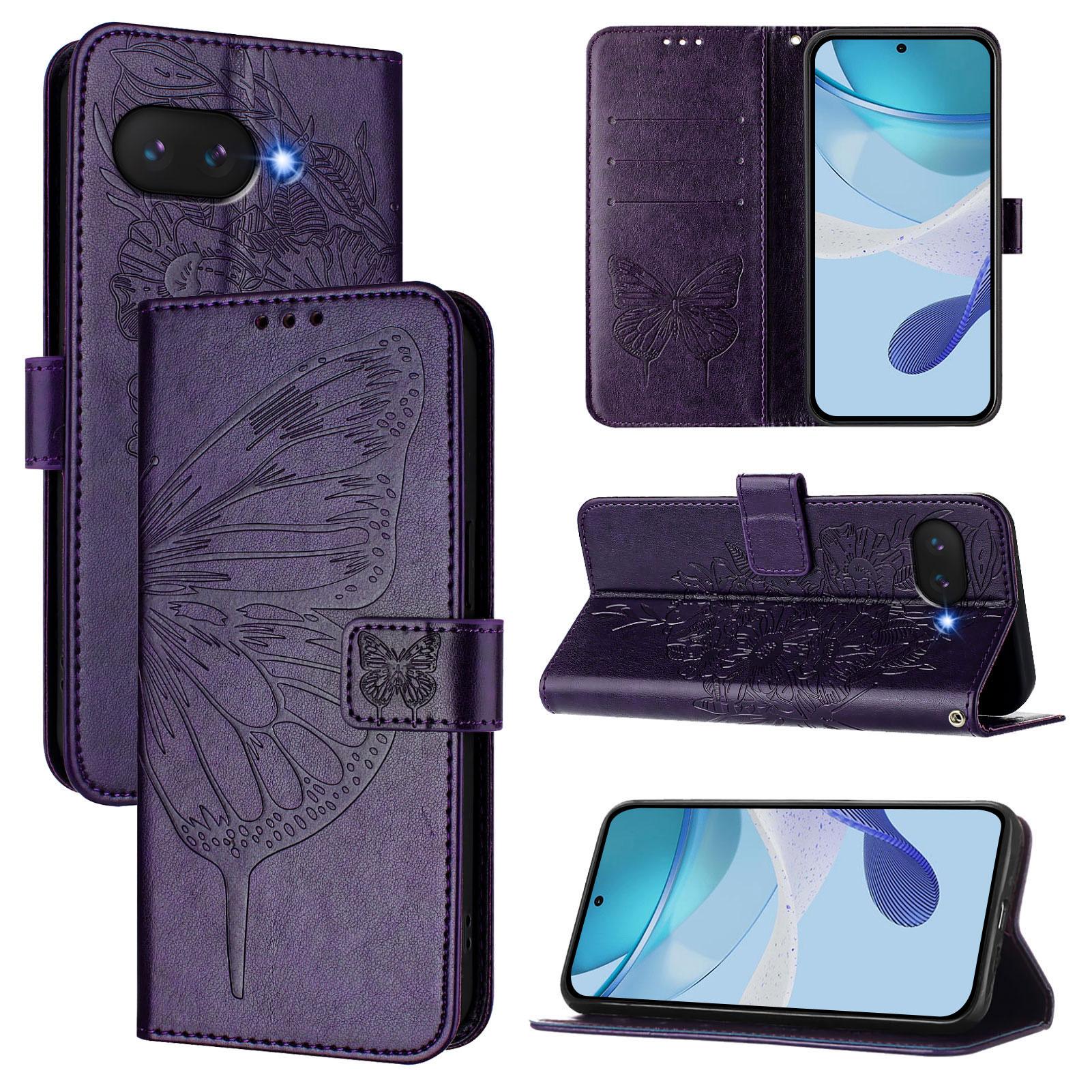 

For Google Pixel 9a Wallet Case with Wrist Strap Butterfly Imprint Leather Phone Cover H