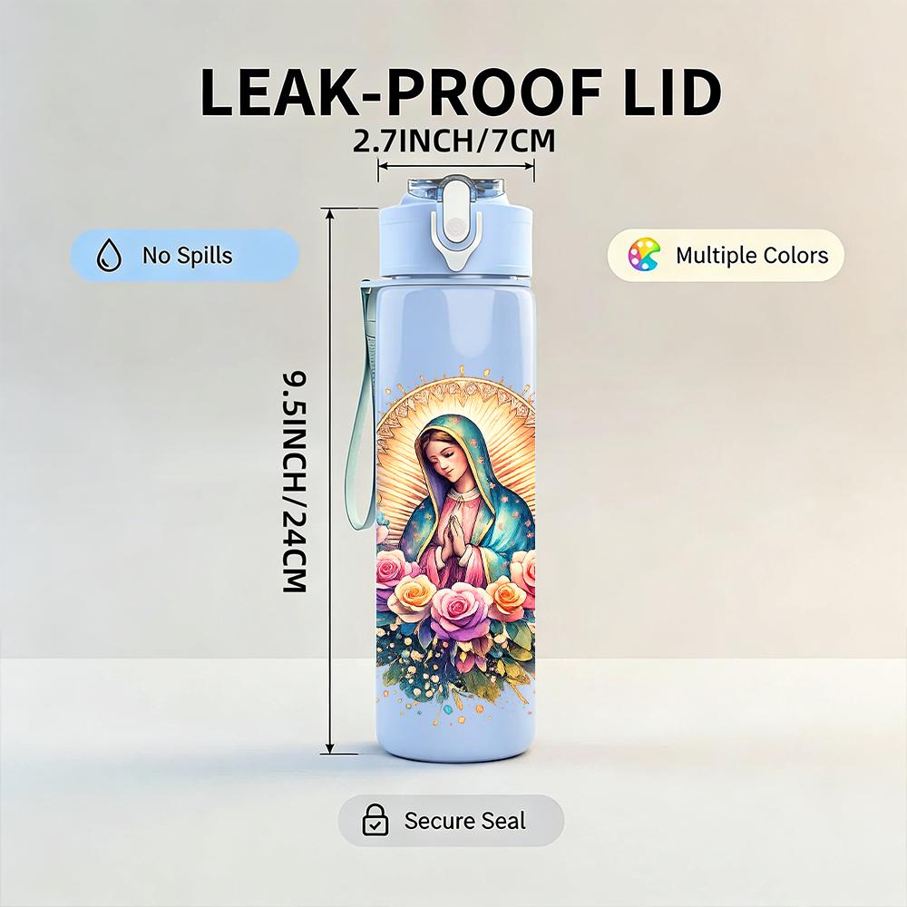 1 Stück Blumiger runder Kranz Jungfrau Maria 750 ml Farbe Kunststoff-Wasserflasche Auslaufsicherer Klappdeckel mit Strohhalm Für Sport Büro Heimgebrauch