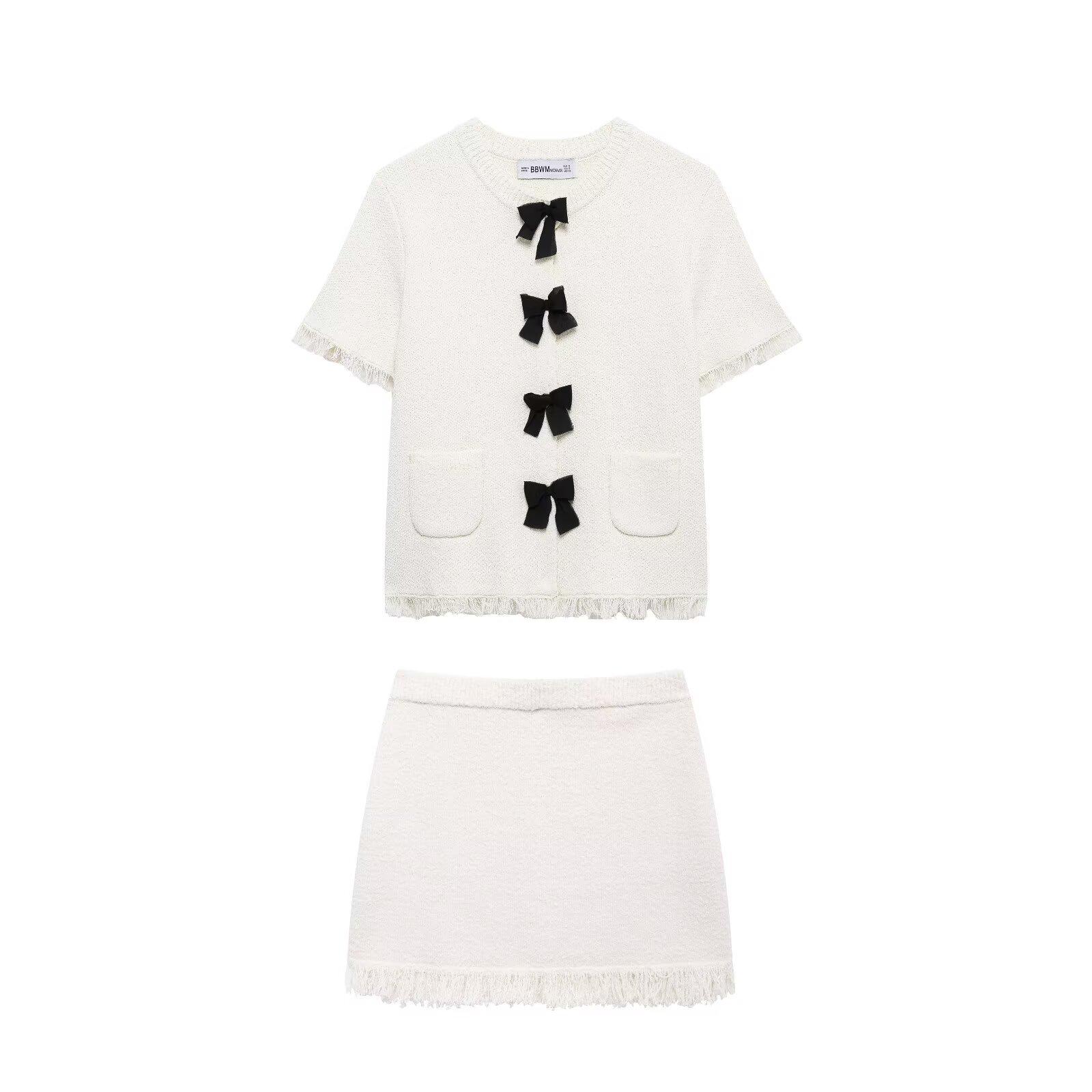 

2025 Spring Women s Raw Edge Bow Knit Cardigan & Skirt Set M