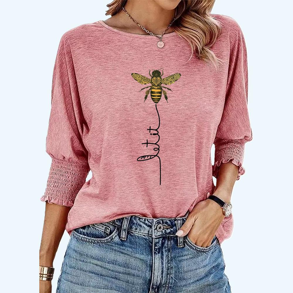 Plus Size Women's Fashion Round Neck Tee Shirt Spring&summer Casual Bee Print Loose T-Shirt