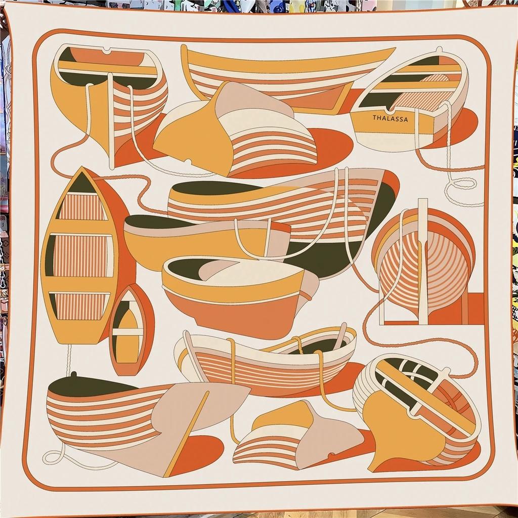 130CM Vintage Women Large Shawl French Printed Square Scarves Bandana Luxury New Kerchief Hijab Scarf