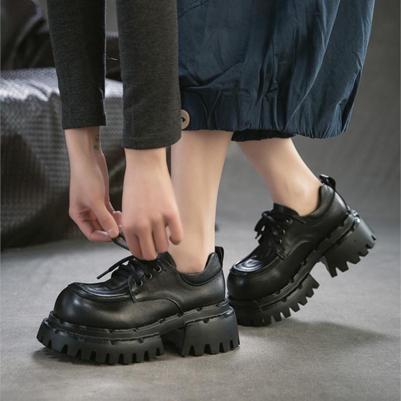 Johnature Britischer Stil Schnürschuhe Runde Spitze Dicke Sohle Echte Leder Vielseitige Damen High Heels Pumps