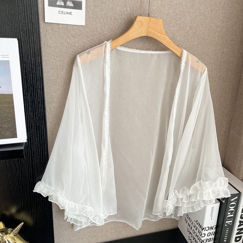 

French style Gentle Atmosphere Sun Protection Cardigan Women Summer Wooden Ear Tulle Breathable Light Luxury Temperament Cover up Outerwear Top White One size