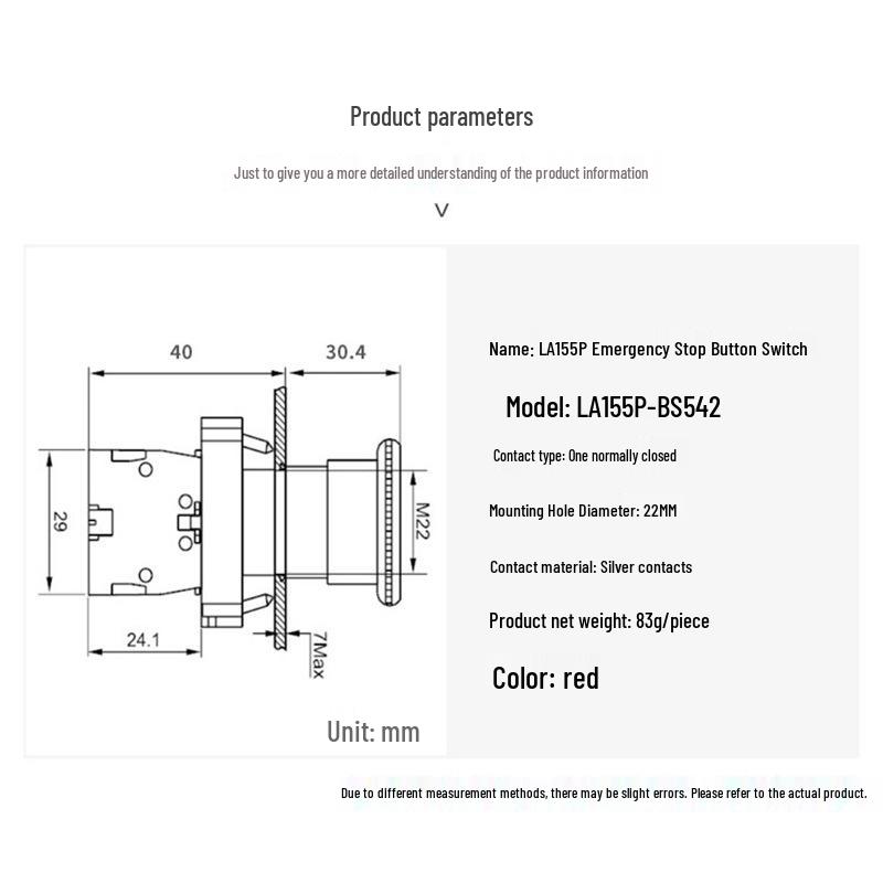 LA155P-BS542 Emergency Stop Button Switch, Thickened Copper Parts, Silver Contacts, 22MM Hole