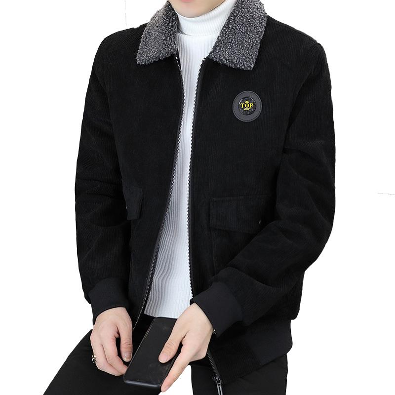 Men's Winter Corduroy Jacket with Lapel and Lamb Wool Collar - Thick and Warm Style