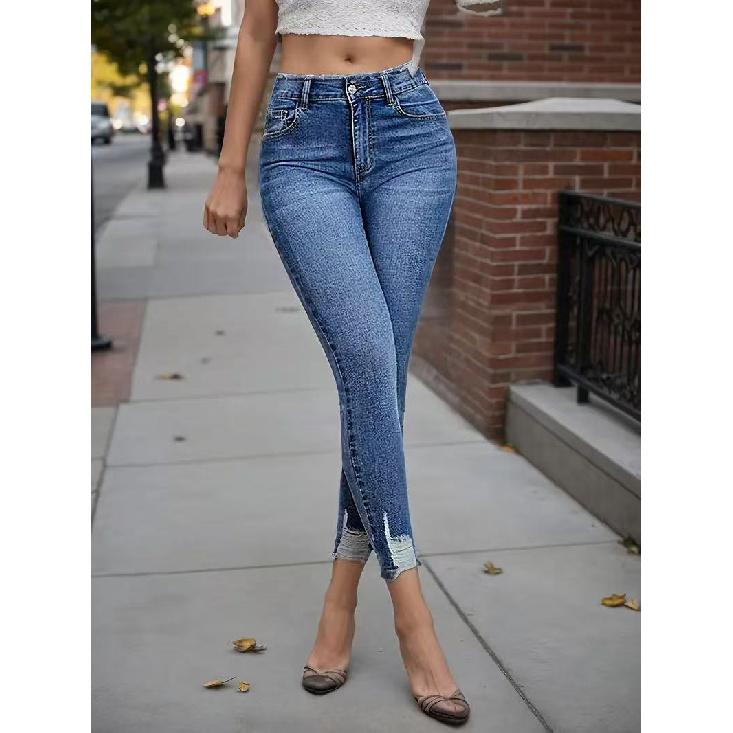 2026 New High-Waisted Frayed Elastic Skinny Jeans for Women, Casual Simple Slim-Fit Pants S