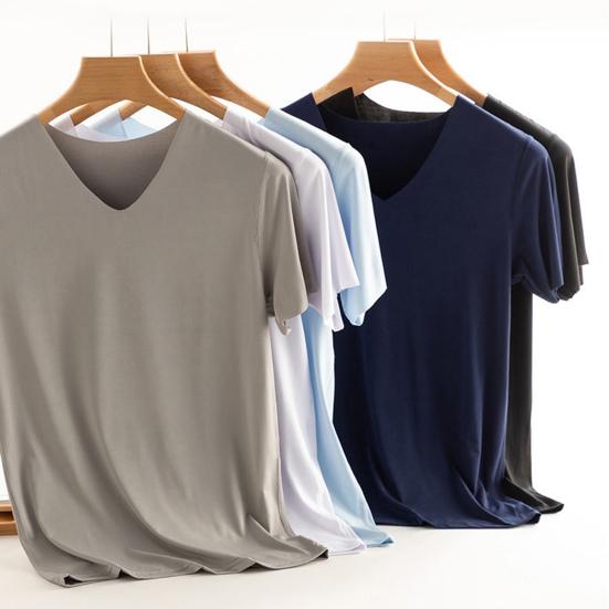 Men T-shirt Anti-shrink V Neck Thin Polyester Men Summer Fitness T-shirt for Gym