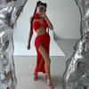 European and American Women's Clothing 2024 Autumn New Arrival Tether Halterneck Wrapped Chest Red Two-piece Set Sexy Split Maxi Dress Suit Women