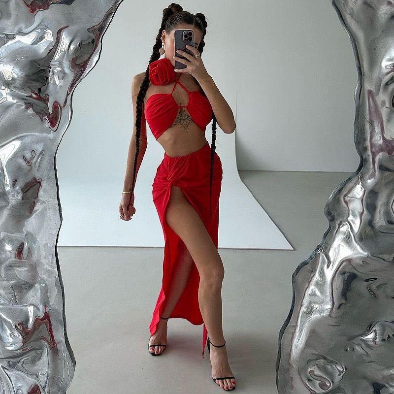 European and American Women's Clothing 2024 Autumn New Arrival Tether Halterneck Wrapped Chest Red Two-piece Set Sexy Split Maxi Dress Suit Women