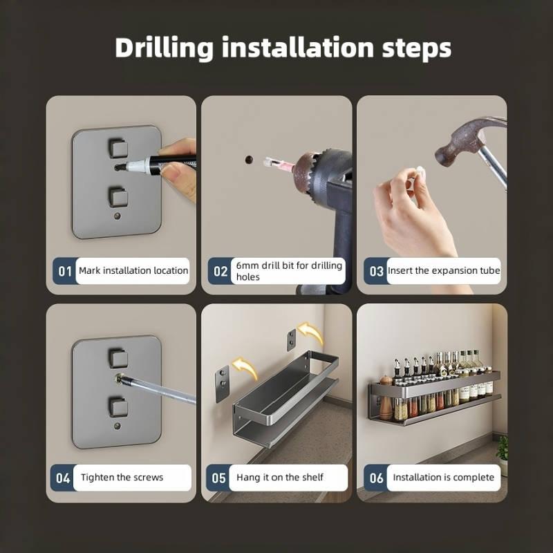 Aluminum Wall-Mounted Shelf Multifunctional Kitchen Spice Storage Rack Kitchen No Punching Required Kitchen Accessories