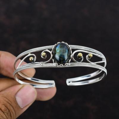 Labradorite Bangle Gemstone Cuff Bracelet 925 Sterling Silver Bangle 18K Gold Plated Adjustable Cuff Bracelet Handmade Jewelry Gift For Her