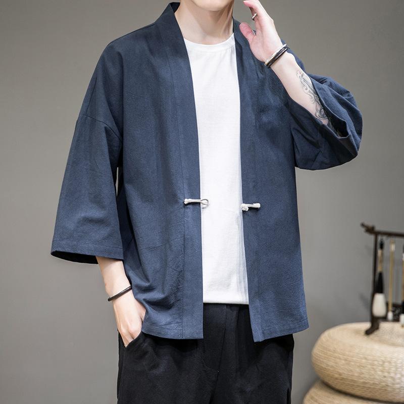 

Однотонний чоловічий японський одяг Haori, японська мода Kawaii, чоловіче кімоно для чоловічої сорочки XXXXXL темно-синього кольору