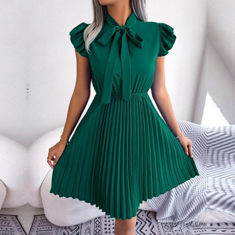 Women Elegant High Waist Pleated Dress with Lace Up Detail and Large Fold Bow Collar Solid Color Spring Summer Fashion